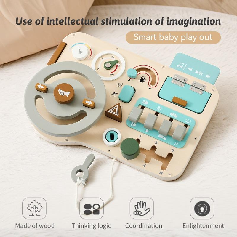 IFunToys Wooden Steering Wheel Busy Board - Mo<i></i>ntessori Driving Simulation Toy with Lock and Key - Fi